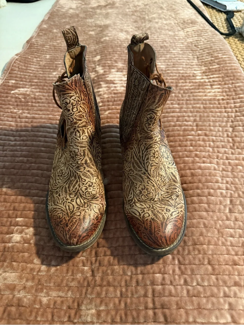Corral Women's Embossed Floral Leather Ankle Boots - Brown